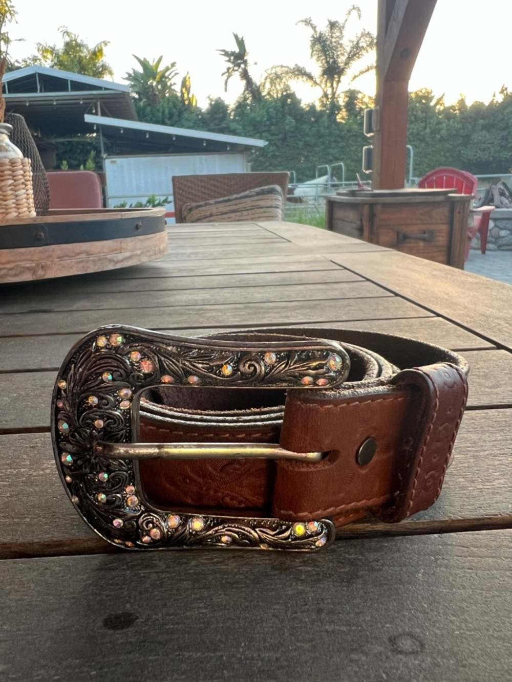 Justin Tooled Leather Western Belt Sz L / 34 Removable Rhinestone Scroll Buckle - Picture 3 of 14